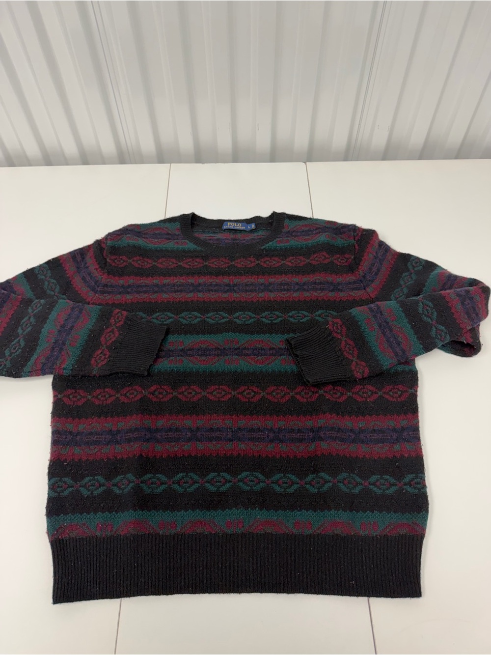 Ralph Lauren Black Crewneck Sweater with Burgundy, Teal & Purple Stripes